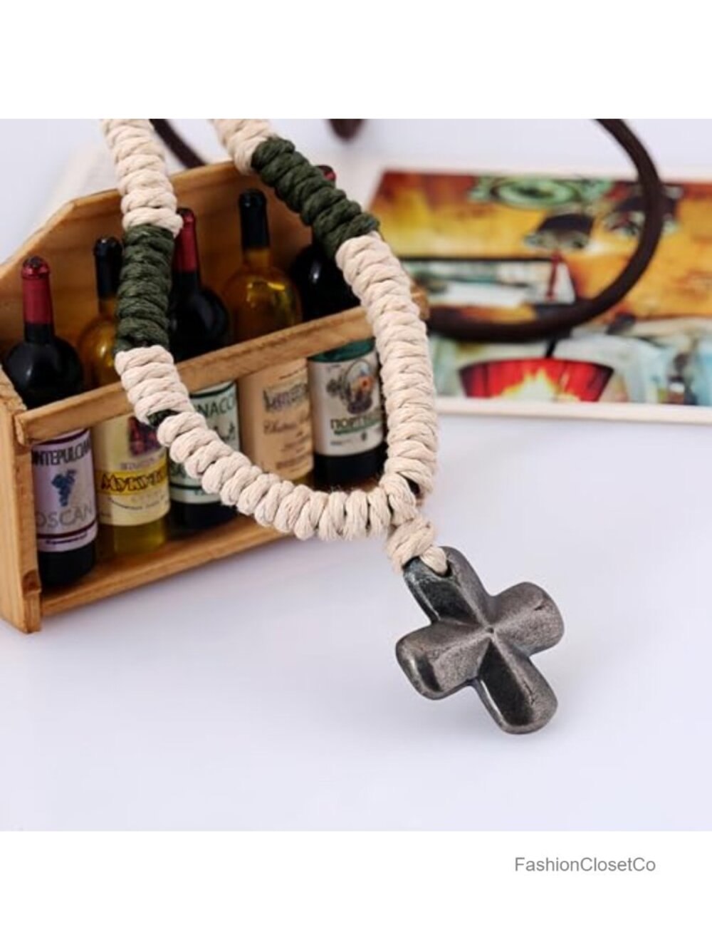 Vintage Style Cross Pendant Necklace Hemp Rope Leather Cord Adjustable - Picture 2 of 4